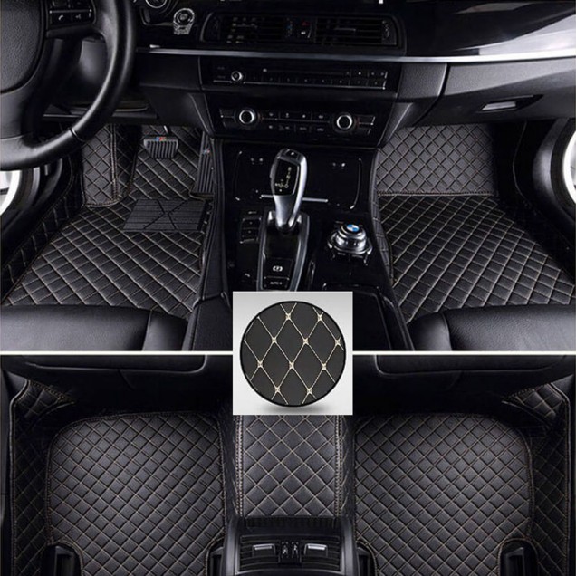Black and Beige Stitching Luxury Leather Diamond Car Floor Mats UK Black and Beige Stitching Luxury Leather Diamond Car Floor Mats UK