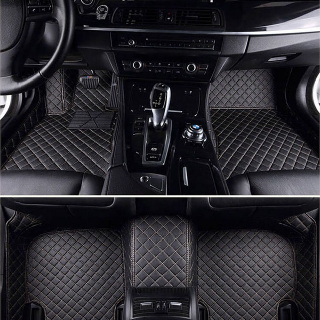 Black and Beige Stitching Luxury Leather Diamond Car Floor Mats UK Black and Beige Stitching Luxury Leather Diamond Car Floor Mats UK