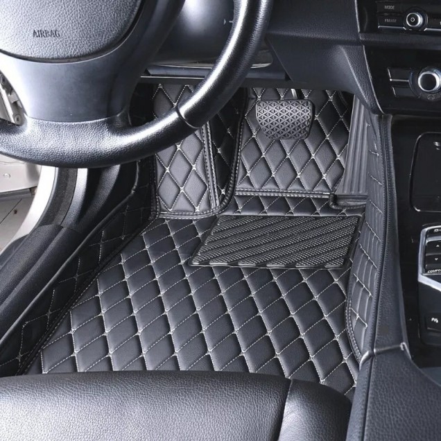 Black and Beige Stitching Luxury Leather Diamond Car Floor Mats UK Black and Beige Stitching Luxury Leather Diamond Car Floor Mats UK