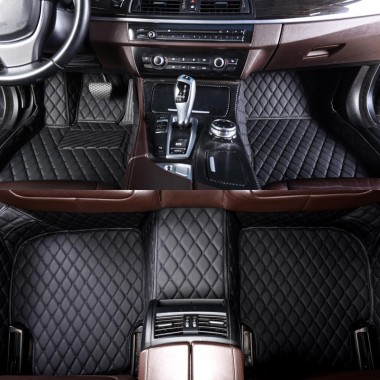 Black and Black Stitching Luxury Leather Diamond Car Floor Mats UK