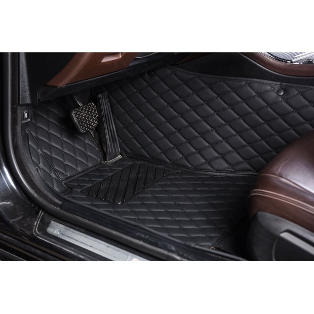 Black and Black Stitching Luxury Leather Diamond Car Floor Mats UK Black and Black Stitching Luxury Leather Diamond Car Floor Mats UK