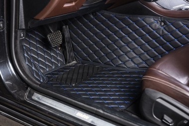 Black and Blue Stitching Luxury Leather Diamond Car Floor Mats UK