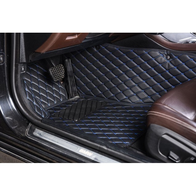 Black and Blue Stitching Luxury Leather Diamond Car Floor Mats UK Black and Blue Stitching Luxury Leather Diamond Car Floor Mats UK