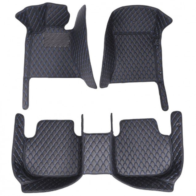 Black and Blue Stitching Luxury Leather Diamond Car Floor Mats UK Black and Blue Stitching Luxury Leather Diamond Car Floor Mats UK