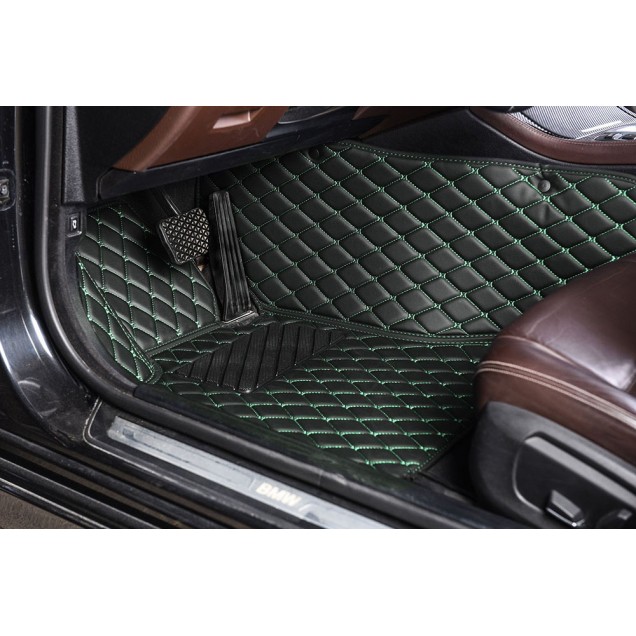 Black and Green Stitching Luxury Leather Diamond Car Floor Mats UK Black and Green Stitching Luxury Leather Diamond Car Floor Mats UK
