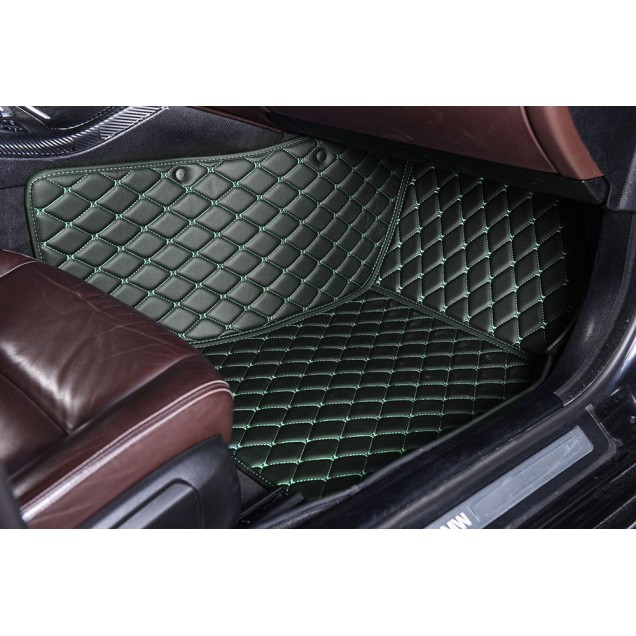 Black and Green Stitching Luxury Leather Diamond Car Floor Mats UK Black and Green Stitching Luxury Leather Diamond Car Floor Mats UK