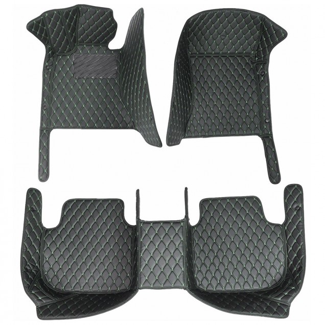 Black and Green Stitching Luxury Leather Diamond Car Floor Mats UK Black and Green Stitching Luxury Leather Diamond Car Floor Mats UK