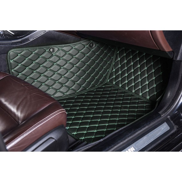 Black and Green Stitching Luxury Leather Diamond Car Mats UK Black and Green Stitching Luxury Leather Diamond Car Mats UK