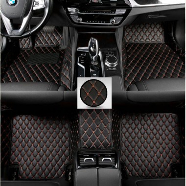 Black and Orange Stitching Luxury Leather Diamond Car Floor Mats UK