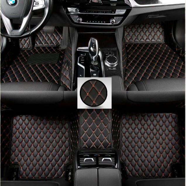 Black and Orange Stitching Luxury Leather Diamond Car Floor Mats UK Black and Orange Stitching Luxury Leather Diamond Car Floor Mats UK