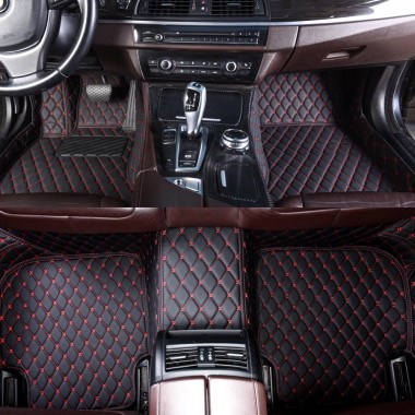 Black and Red Stitching Luxury Leather Diamond Car Floor Mats UK