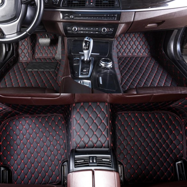 Black and Red Stitching Luxury Leather Diamond Car Floor Mats UK Black and Red Stitching Luxury Leather Diamond Car Floor Mats UK