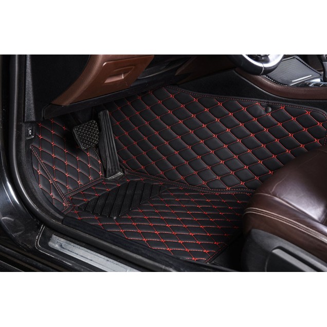 Black and Red Stitching Luxury Leather Diamond Car Floor Mats UK Black and Red Stitching Luxury Leather Diamond Car Floor Mats UK