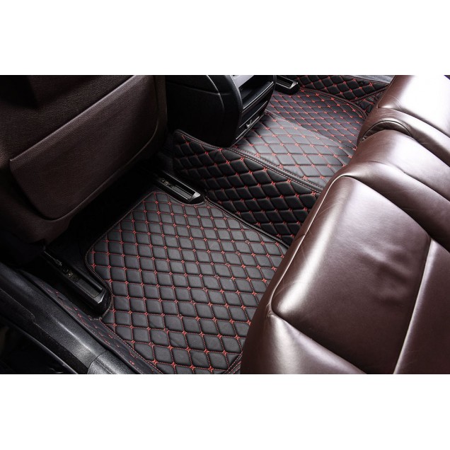 Black and Red Stitching Luxury Leather Diamond Car Floor Mats UK Black and Red Stitching Luxury Leather Diamond Car Floor Mats UK