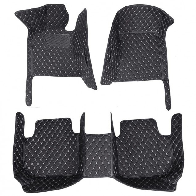 Black and White Stitching Luxury Leather Diamond Car Floor Mats UK Black and White Stitching Luxury Leather Diamond Car Floor Mats UK