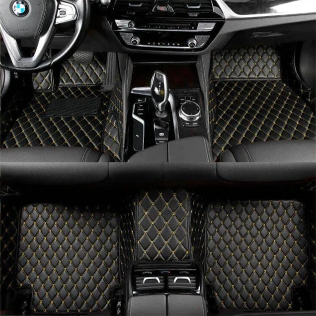 Black and Yellow Stitching Luxury Leather Diamond Car Floor Mats UK Black and Yellow Stitching Luxury Leather Diamond Car Floor Mats UK