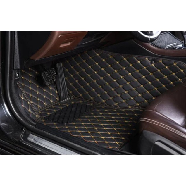 Black and Yellow Stitching Luxury Leather Diamond Car Floor Mats UK Black and Yellow Stitching Luxury Leather Diamond Car Floor Mats UK