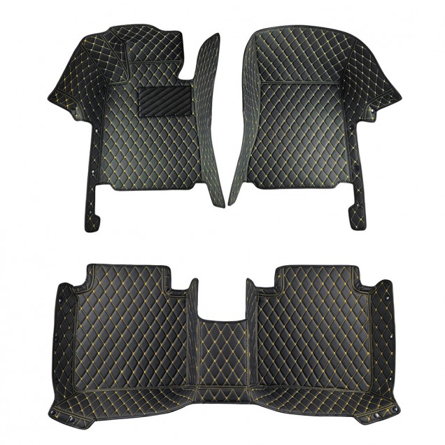 Black and Yellow Stitching Luxury Leather Diamond Car Floor Mats UK Black and Yellow Stitching Luxury Leather Diamond Car Floor Mats UK