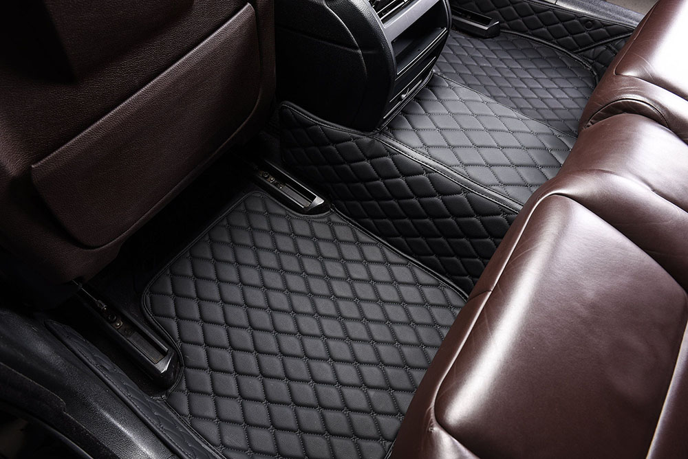 Black and Black Stitching Luxury Leather Diamond Car Mats UK