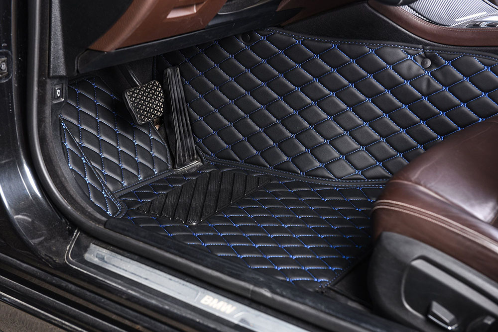 Black and Blue Stitching Luxury Leather Diamond Car Mats UK