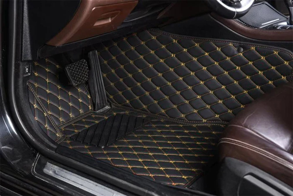Black and Yellow Stitching Luxury Leather Diamond Car Mats UK